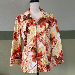 Chico's Abstract Floral Zip up Lightweight Jacket, 3/4 Length Sleeves Sz S